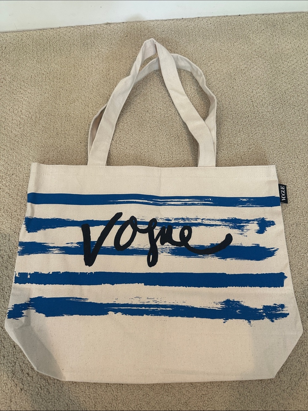 Vogue Natural Canvas Tote with Blue Stripes and Black Logo